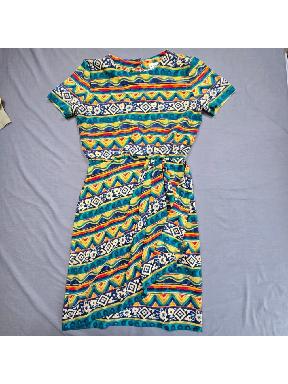 Vintage J Stevens Small Short Sleeve Wrap Dress Geometric & Floral Buttons